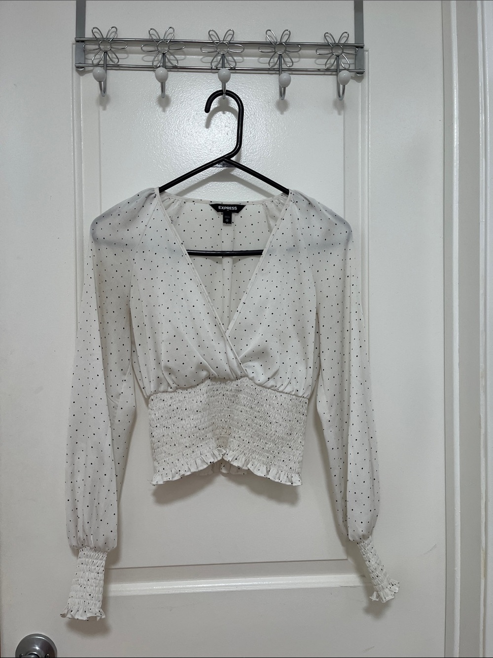 Express White Polka Dot Smocked-Waist Wrap Blouse